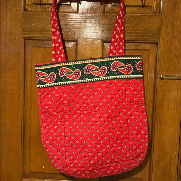 Handbags - Vibrant Red Quilted Tote with Paisley Accents